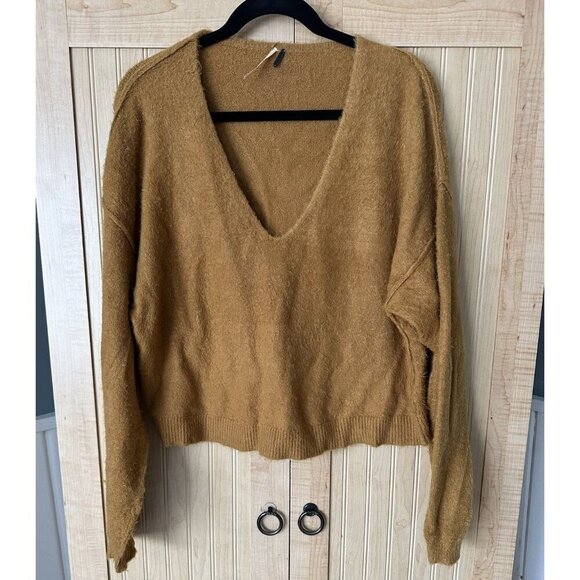 Free People Princess Sweater Gold Fuzzy Vneck Pullover S - Picture 2 of 5